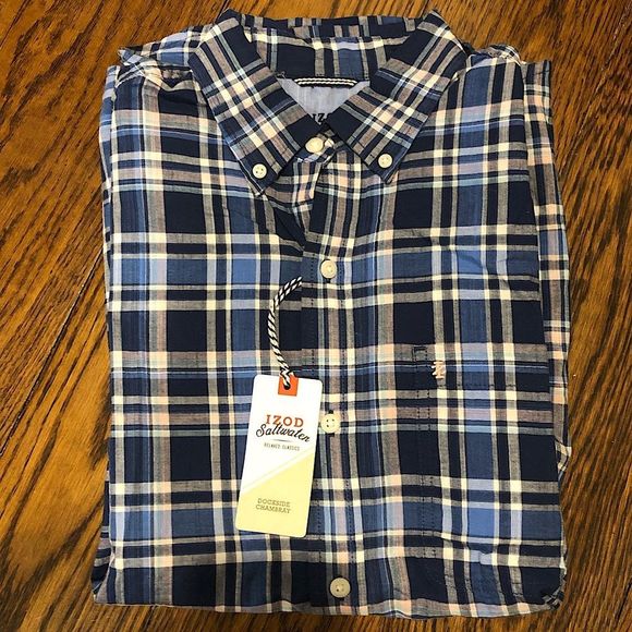 IZOD SALTWATER Mens Blue White Plaid Short Sleeve Button Down Shirt Sz Small NWT - Picture 1 of 5
